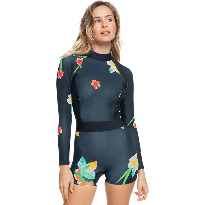 2021 Roxy Womens Cynthia Rowley 1.5mm Long Sleeve Shorty Wetsuit ERJW403037  - True Black / Large Flowa